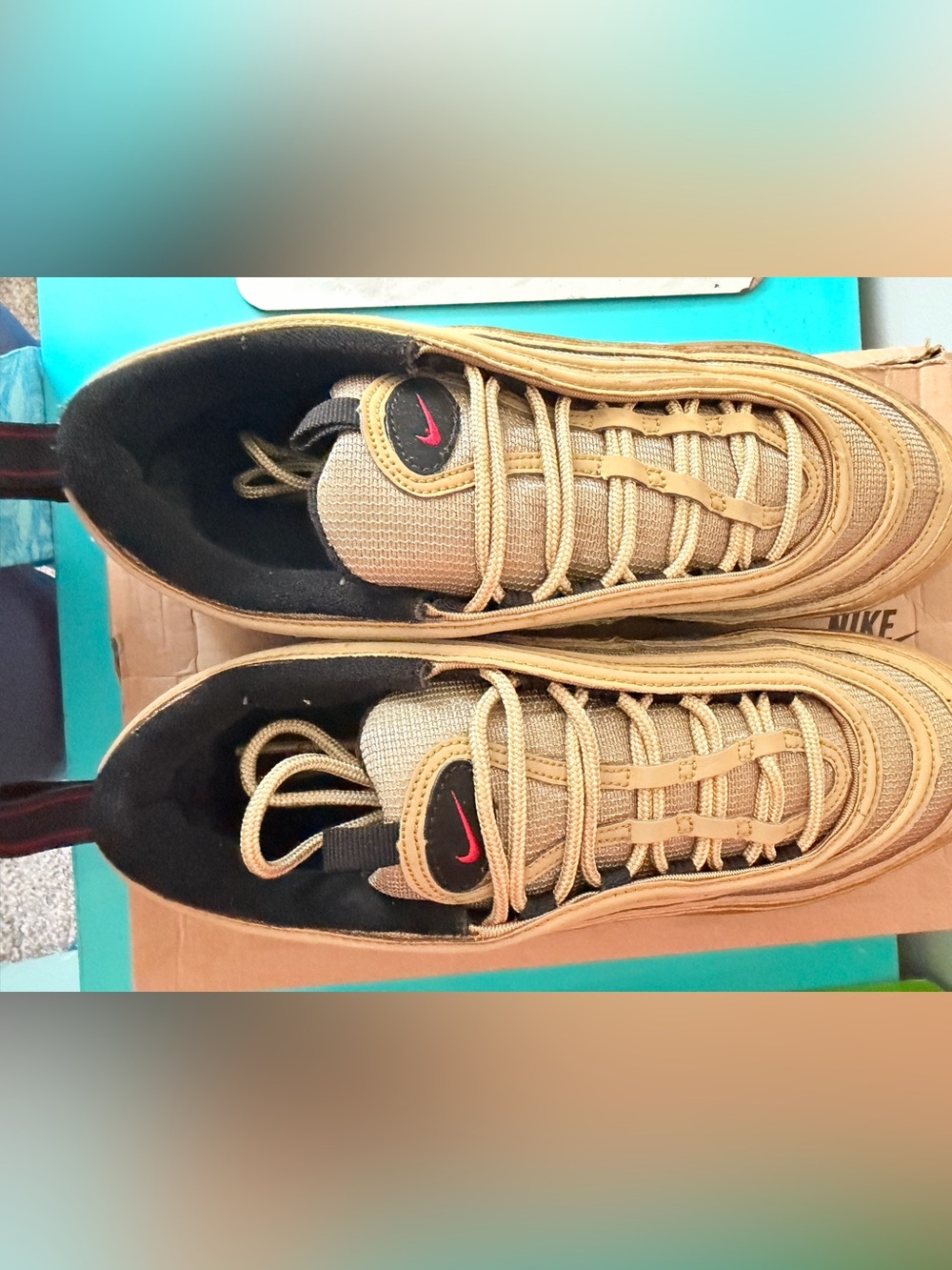 Nike Men’s Tan/Gold Air Max-Inspired Sneakers with Red Swoosh